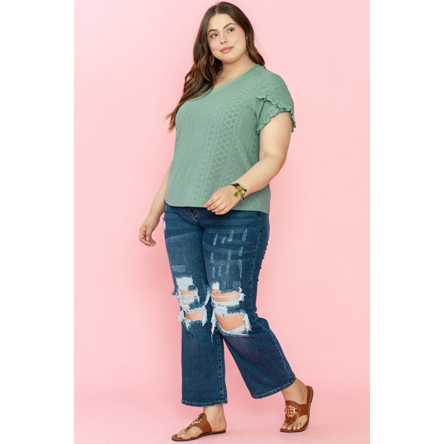 Laurel Green Petal Sleeve Jacquard V Neck Curvy Blouse Plus Size/Plus Size Tops/Plus Size Blouses &amp; Shirts