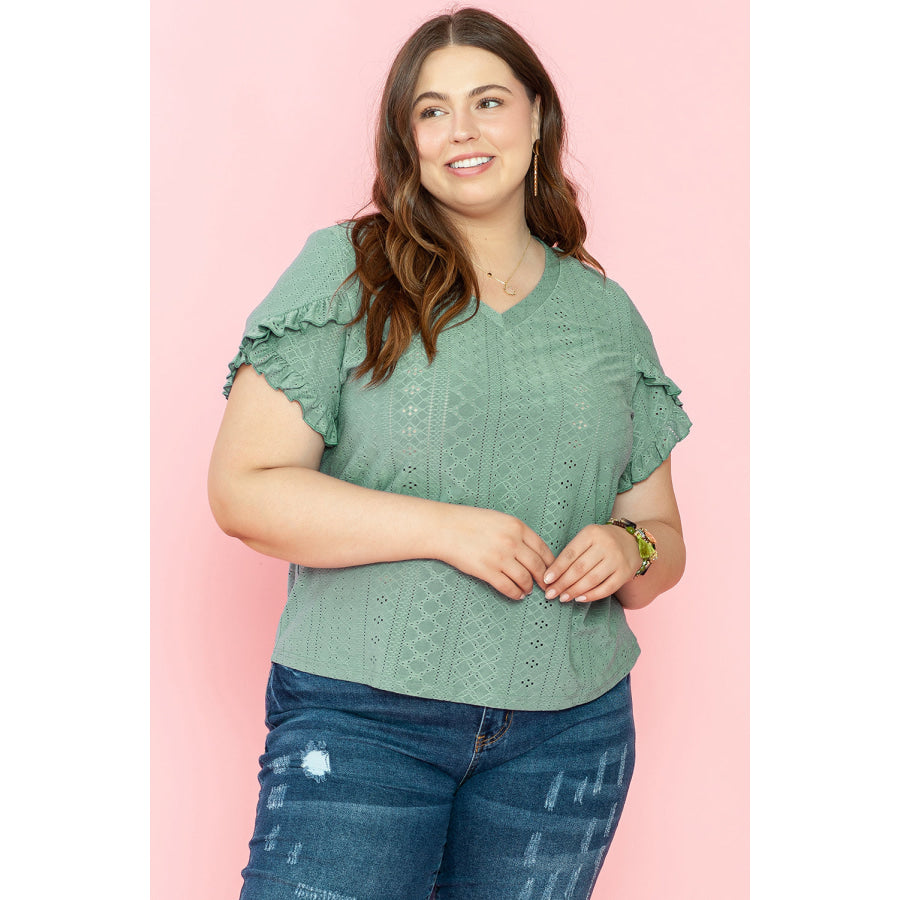 Laurel Green Petal Sleeve Jacquard V Neck Curvy Blouse Plus Size/Plus Size Tops/Plus Size Blouses &amp; Shirts