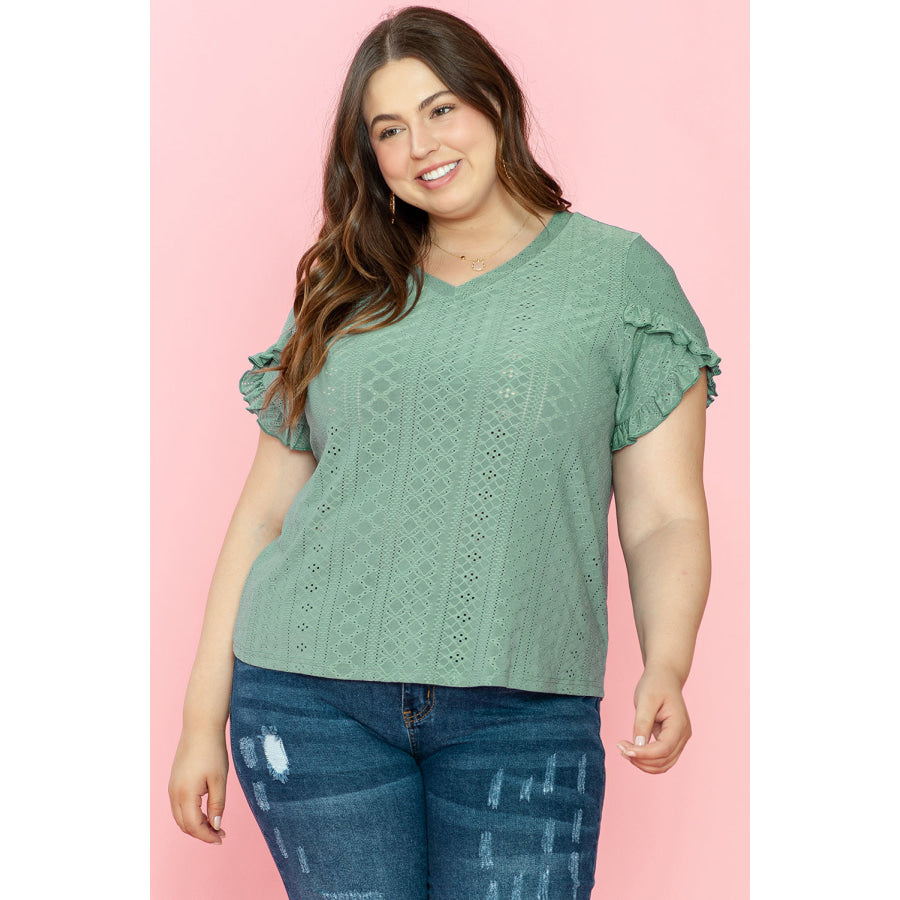 Laurel Green Petal Sleeve Jacquard V Neck Curvy Blouse Plus Size/Plus Size Tops/Plus Size Blouses &amp; Shirts