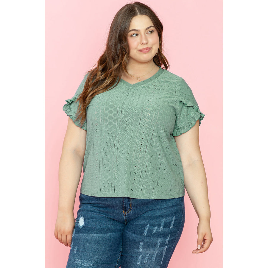 Laurel Green Petal Sleeve Jacquard V Neck Curvy Blouse Plus Size/Plus Size Tops/Plus Size Blouses &amp; Shirts