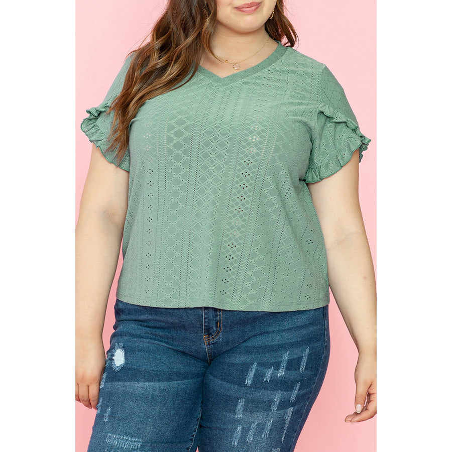 Laurel Green Petal Sleeve Jacquard V Neck Curvy Blouse Plus Size/Plus Size Tops/Plus Size Blouses &amp; Shirts