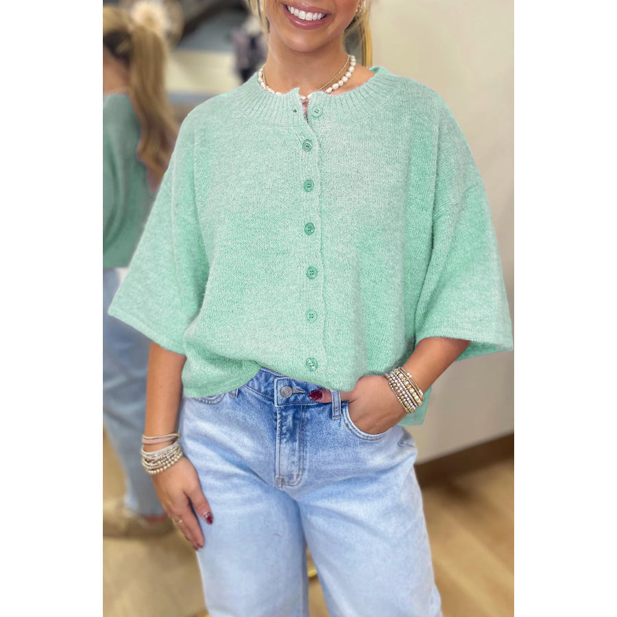 Lavendula 3/4 Sleeve Boxy Knit Button Down Sweater Cardigan Moonlight Jade / S / 42% Acrylic + 30% Polyester + 28% Polyamide Sweaters &