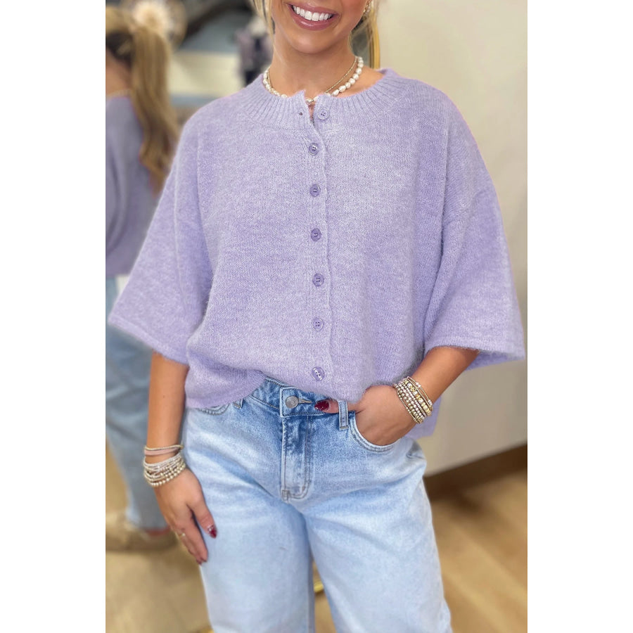 Lavendula 3/4 Sleeve Boxy Knit Button Down Sweater Cardigan Lavendula / S / 42% Acrylic + 30% Polyester + 28% Polyamide Sweaters &