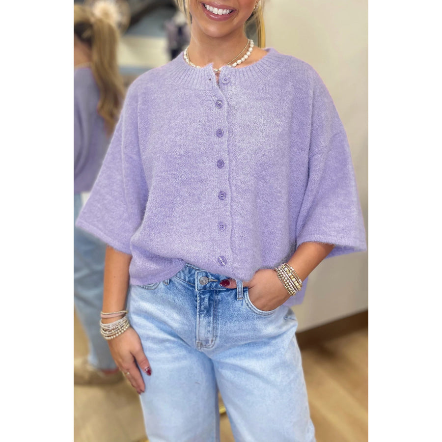Lavendula 3/4 Sleeve Boxy Knit Button Down Sweater Cardigan Lavendula / S / 42% Acrylic + 30% Polyester + 28% Polyamide Sweaters &