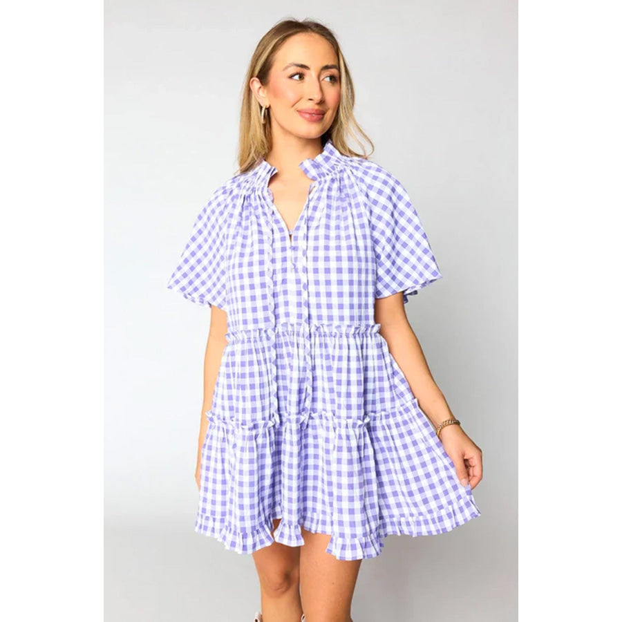 Lavendula Plaid Ruffle Wide Short Sleeve Babydoll Mini Dress Dresses/Mini Dresses