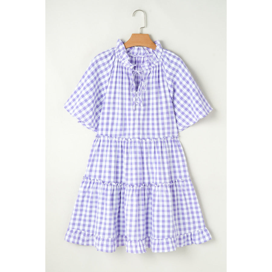 Lavendula Plaid Ruffle Wide Short Sleeve Babydoll Mini Dress Dresses/Mini Dresses