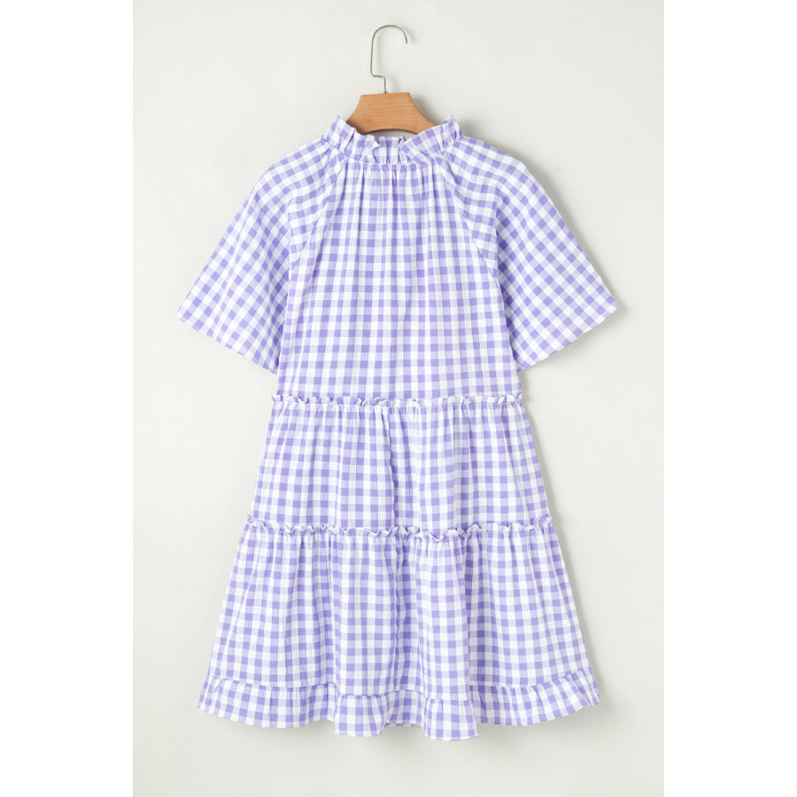 Lavendula Plaid Ruffle Wide Short Sleeve Babydoll Mini Dress Dresses/Mini Dresses
