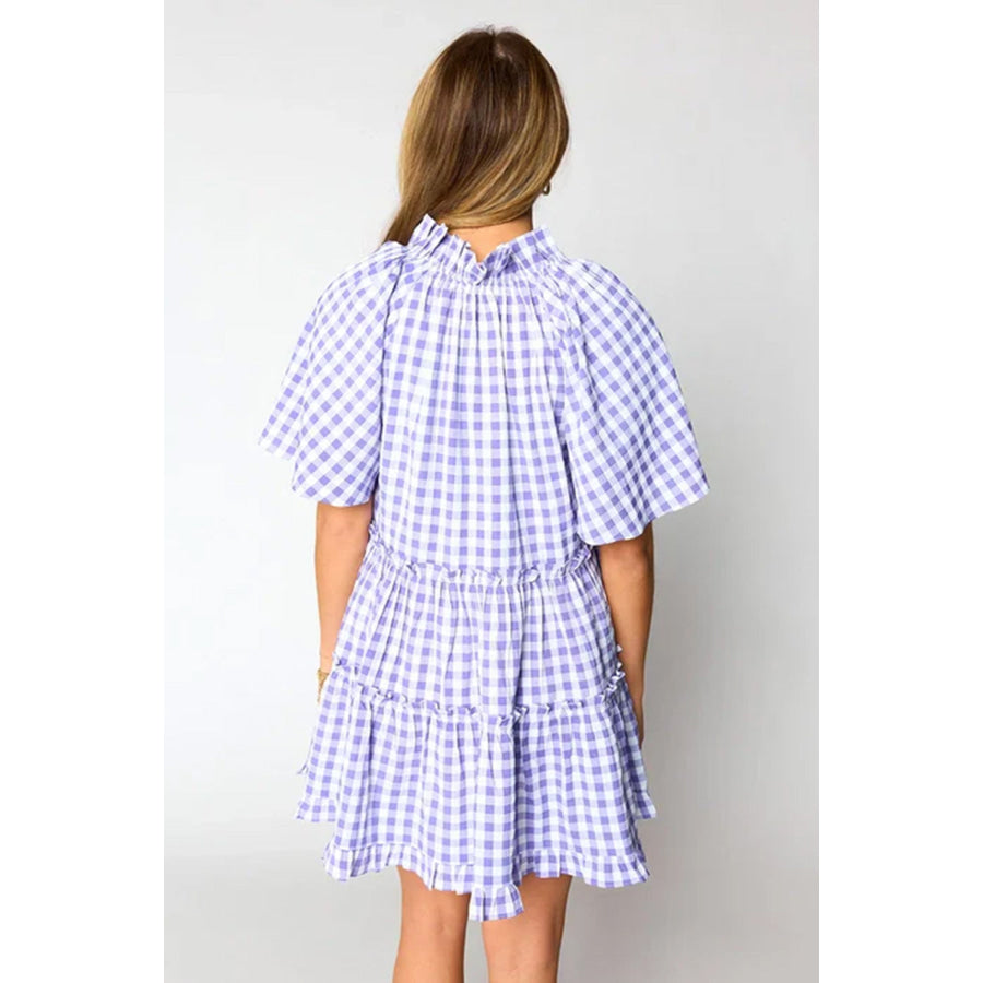 Lavendula Plaid Ruffle Wide Short Sleeve Babydoll Mini Dress Dresses/Mini Dresses