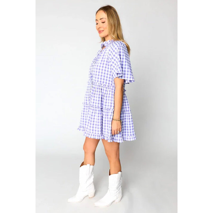 Lavendula Plaid Ruffle Wide Short Sleeve Babydoll Mini Dress Dresses/Mini Dresses