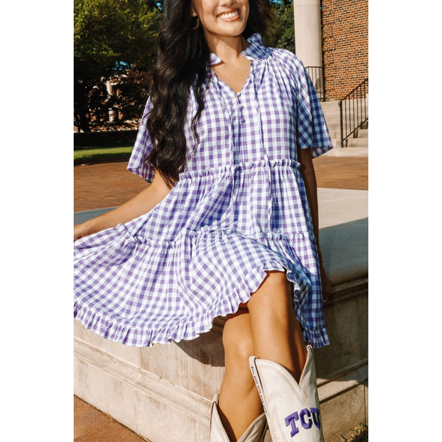 Lavendula Plaid Ruffle Wide Short Sleeve Babydoll Mini Dress Lavendula / S / 95% Polyester + 5% Elastane Dresses/Mini Dresses