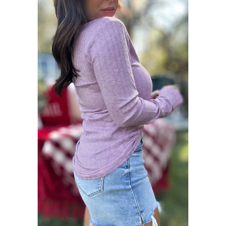 Lavendula Solid Color Ribbed Texture Long Sleeve Round Neck Casual Top Tops/Long Tops