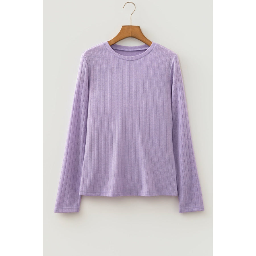 Lavendula Solid Color Ribbed Texture Long Sleeve Round Neck Casual Top Tops/Long Tops