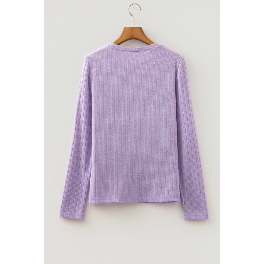 Lavendula Solid Color Ribbed Texture Long Sleeve Round Neck Casual Top Tops/Long Tops