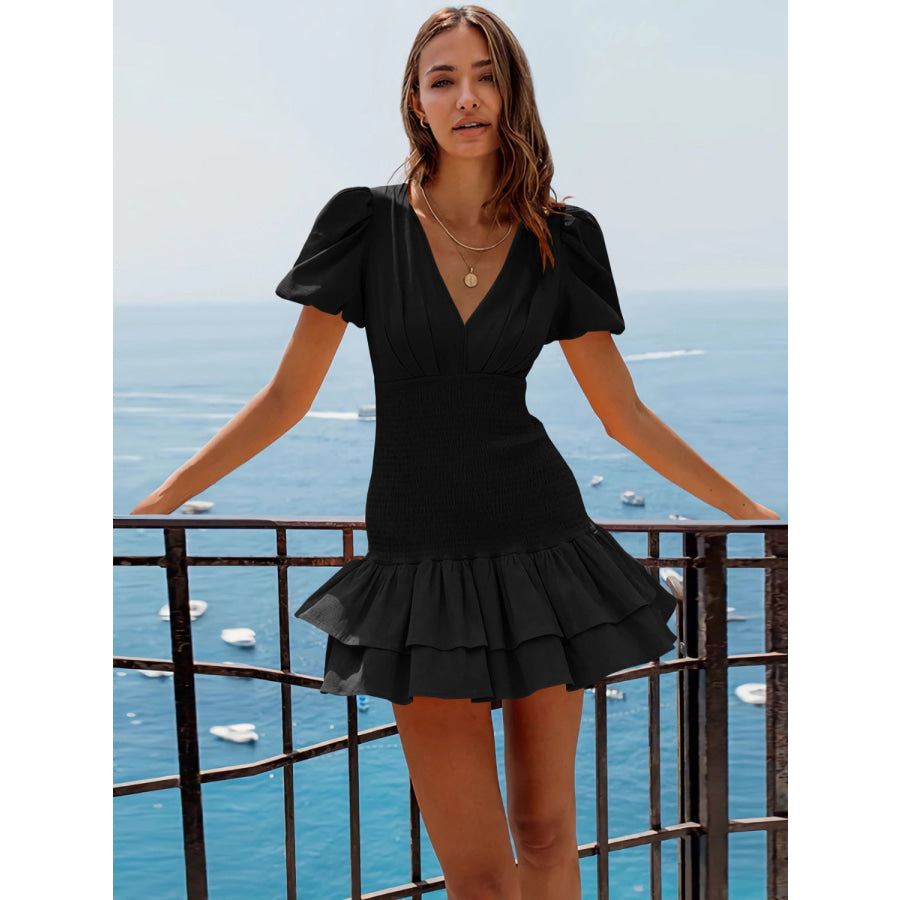 Layered Backless V-Neck Short Sleeve Dress Apparel and Accessories