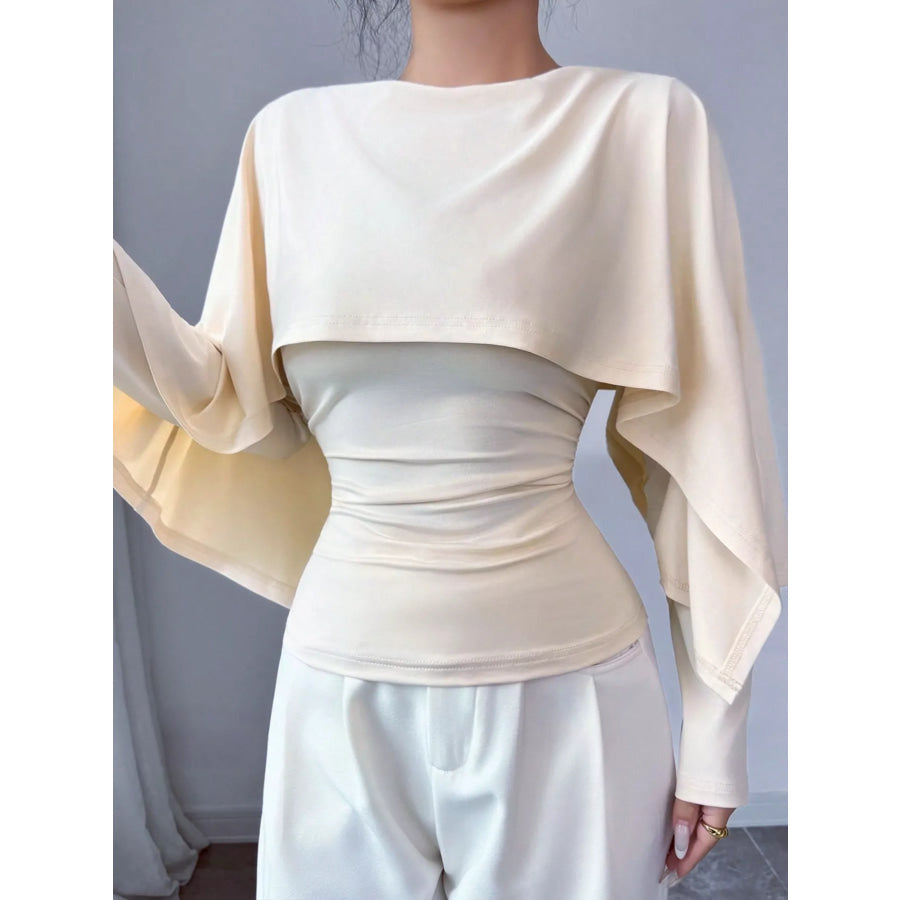 Layered Cape-Style Blouse with Slim-Fit Bodice Apricot / S Apparel and Accessories