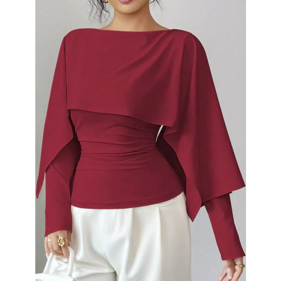 Layered Cape-Style Blouse with Slim-Fit Bodice Burgundy / S Apparel and Accessories