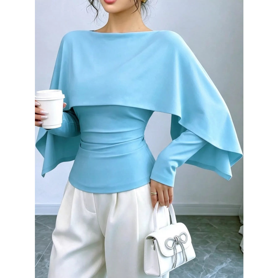 Layered Cape-Style Blouse with Slim-Fit Bodice Sky Blue / S Apparel and Accessories