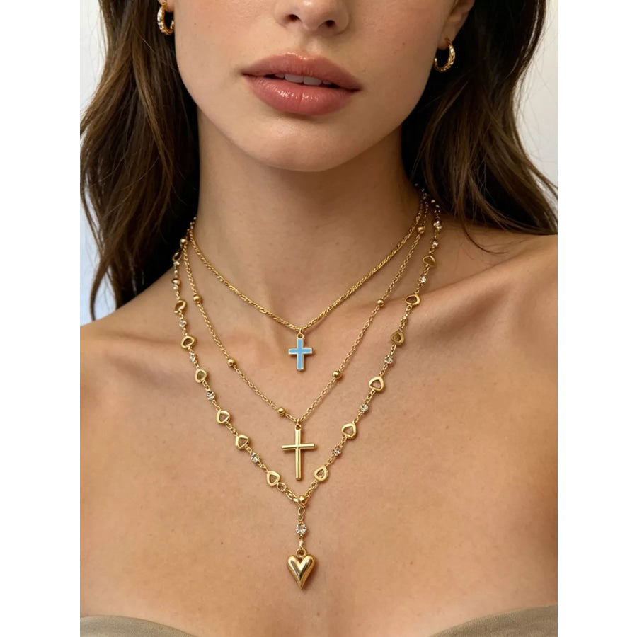 Layered Cross and Heart Necklace Gold / onesize Apparel and Accessories