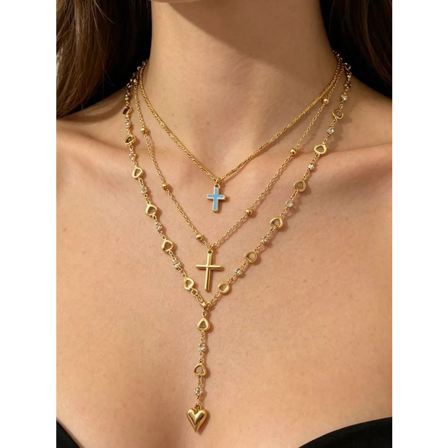 Layered Cross and Heart Necklace Gold / onesize Apparel and Accessories