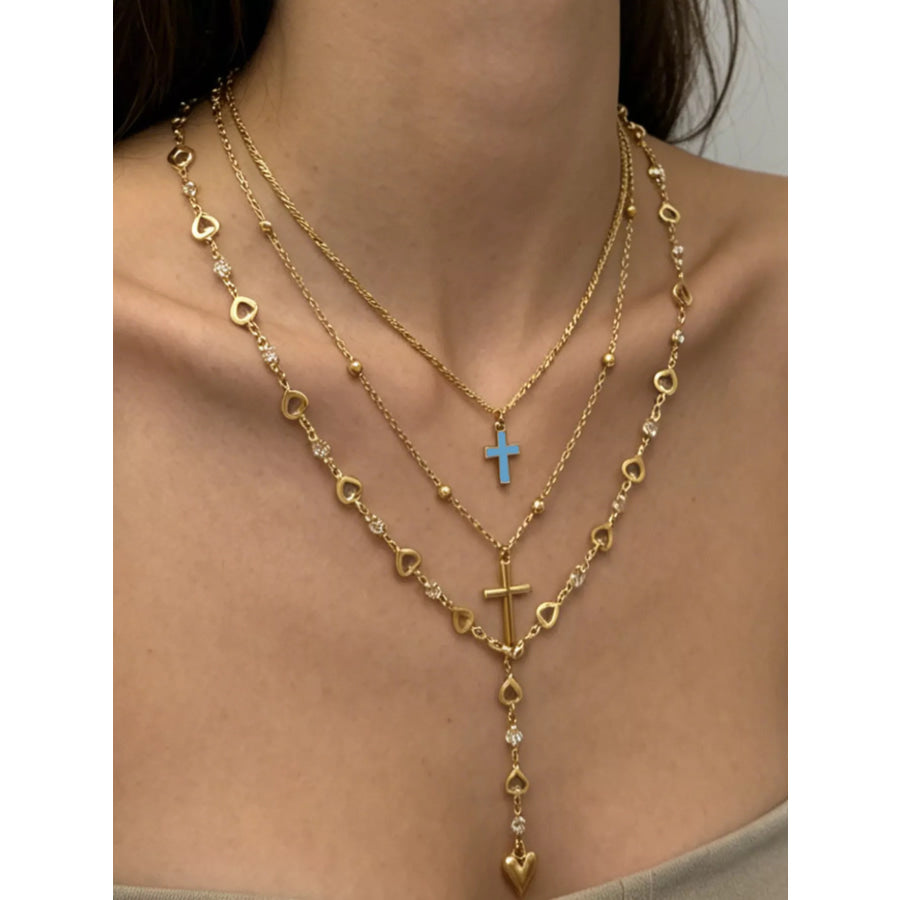 Layered Cross and Heart Necklace Gold / onesize Apparel and Accessories
