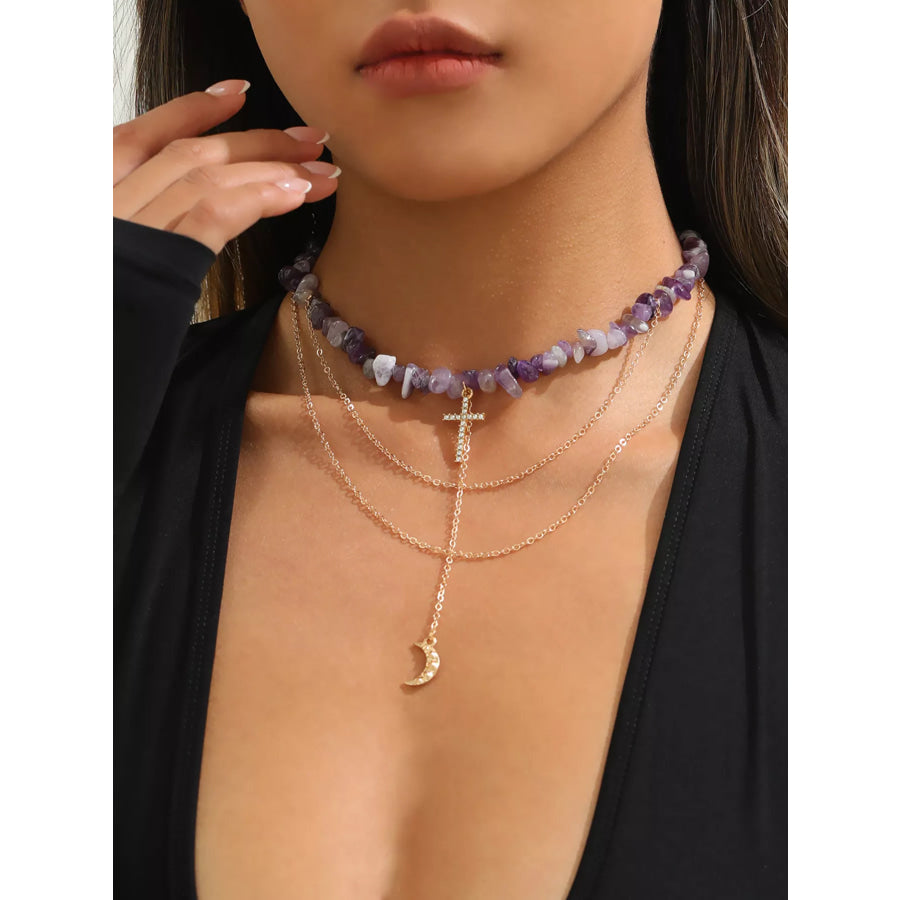 Layered Cross and Moon Pendant Necklace Lavender / onesize Apparel and Accessories