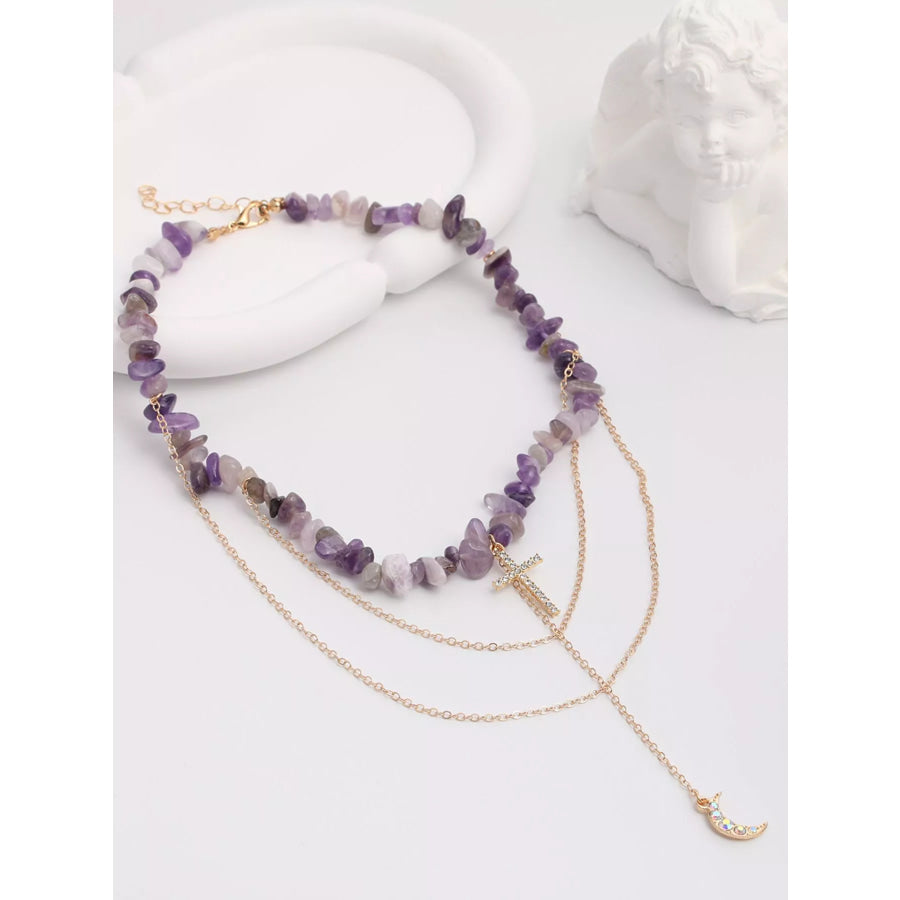Layered Cross and Moon Pendant Necklace Lavender / onesize Apparel and Accessories