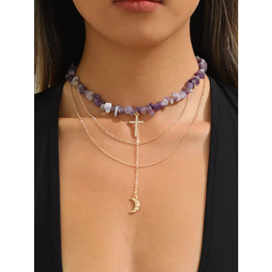 Layered Cross and Moon Pendant Necklace Lavender / onesize Apparel and Accessories