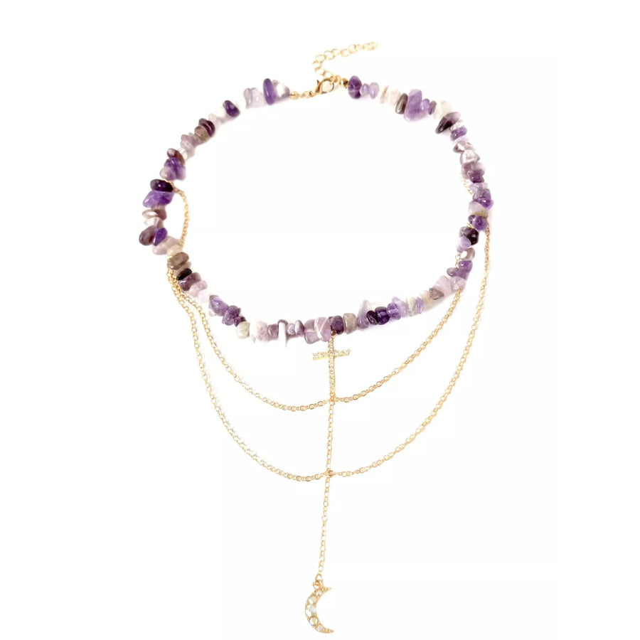 Layered Cross and Moon Pendant Necklace Lavender / onesize Apparel and Accessories