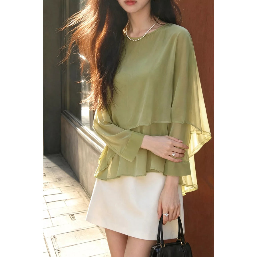 Layered Flutter Sleeve Chiffon Blouse Matcha Green / S Apparel and Accessories