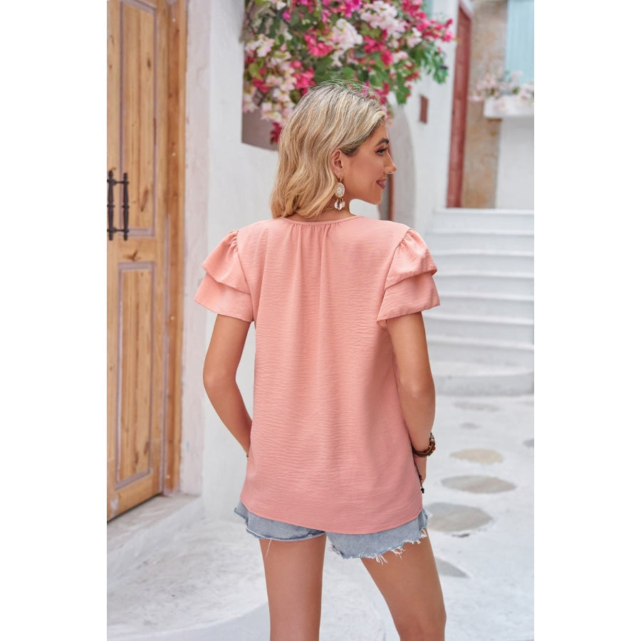 Layered Flutter Sleeve Tie Neck Top Blush Pink / S