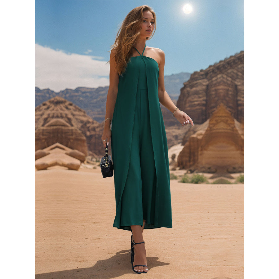 Layered Halter Neck Wide Leg Jumpsuit Green / S Apparel and Accessories