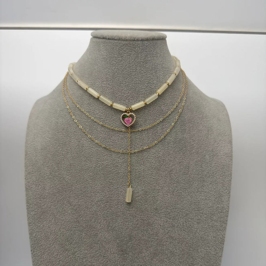 Layered Heart Pendant Necklace with Jade Beads Gold / onesize Apparel and Accessories