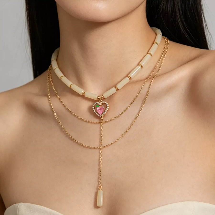 Layered Heart Pendant Necklace with Jade Beads Gold / onesize Apparel and Accessories