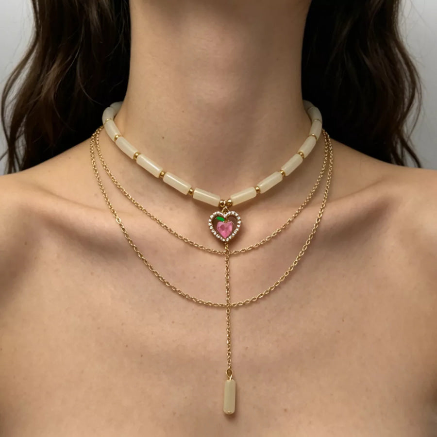 Layered Heart Pendant Necklace with Jade Beads Gold / onesize Apparel and Accessories