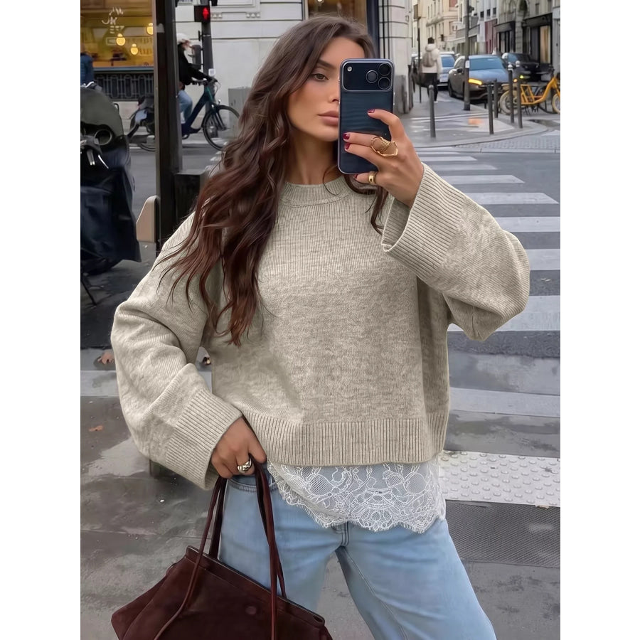 Layered Lace Hem Crew Neck Sweater Apparel and Accessories