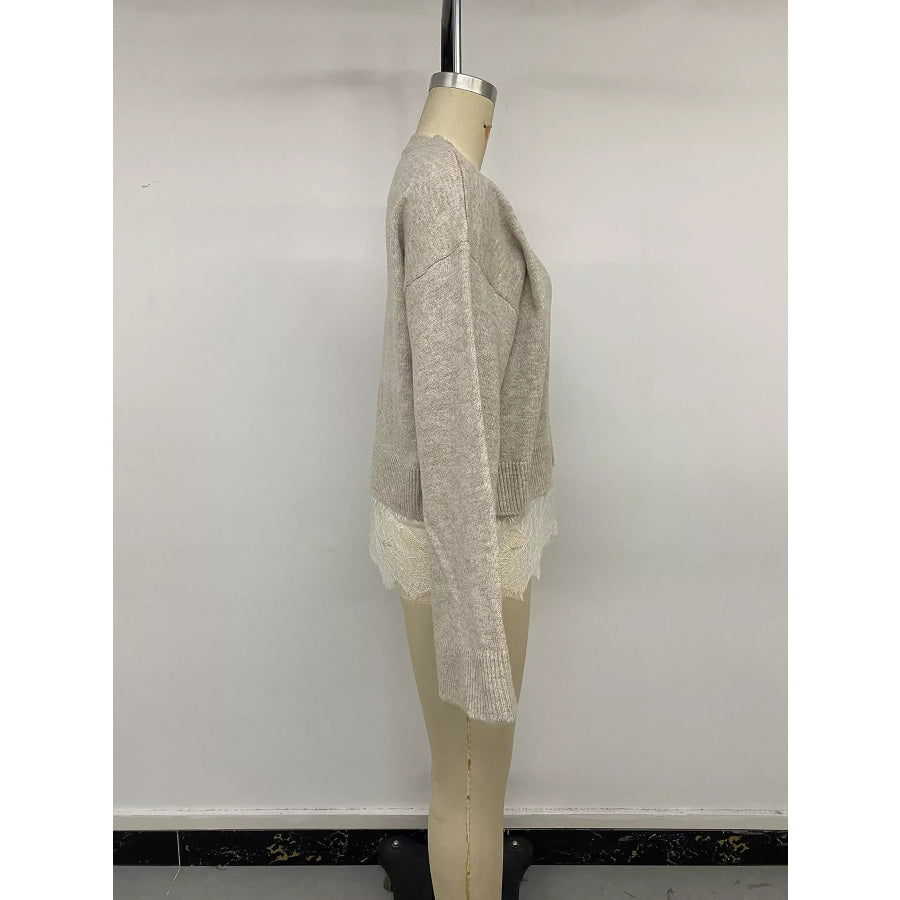 Layered Lace Hem Crew Neck Sweater Apparel and Accessories