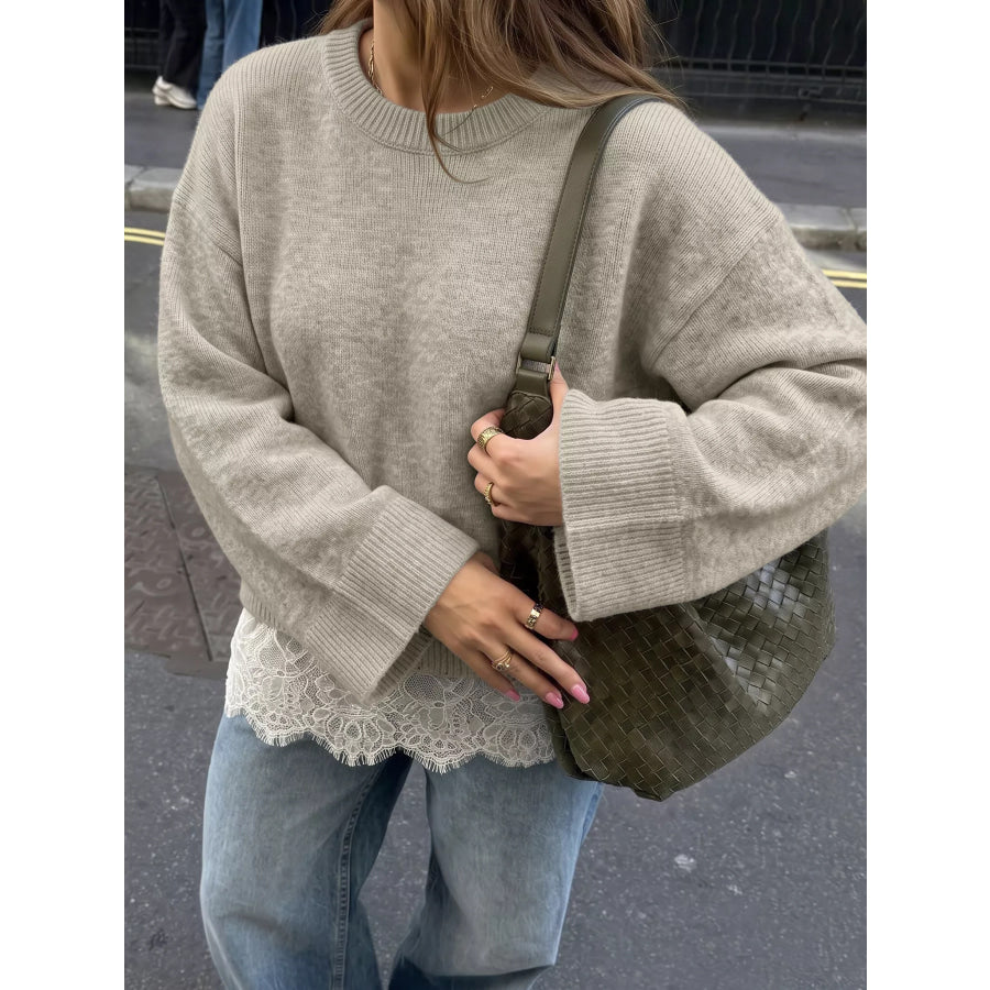 Layered Lace Hem Crew Neck Sweater Apparel and Accessories