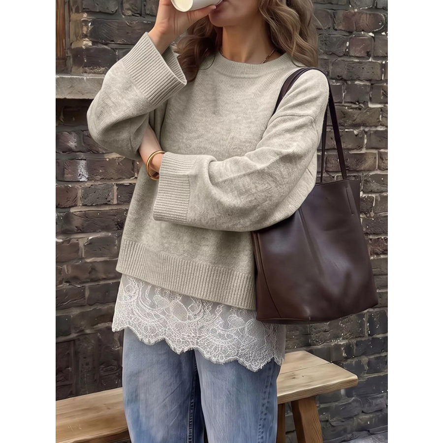 Layered Lace Hem Crew Neck Sweater Apparel and Accessories