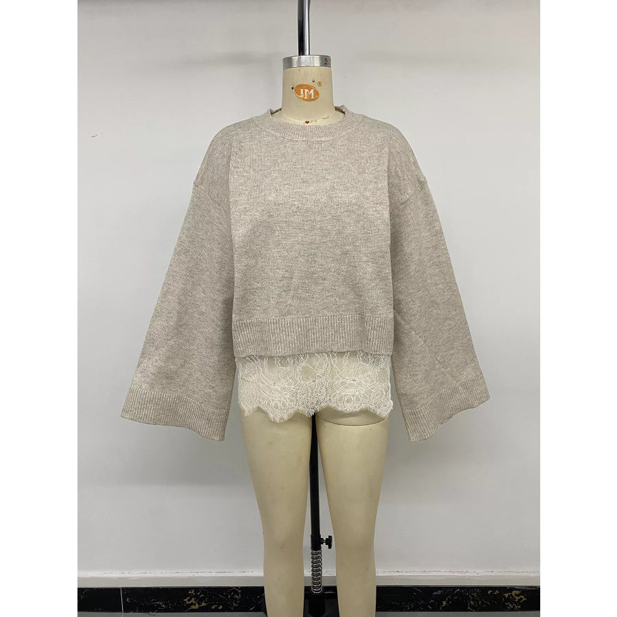 Layered Lace Hem Crew Neck Sweater Apparel and Accessories