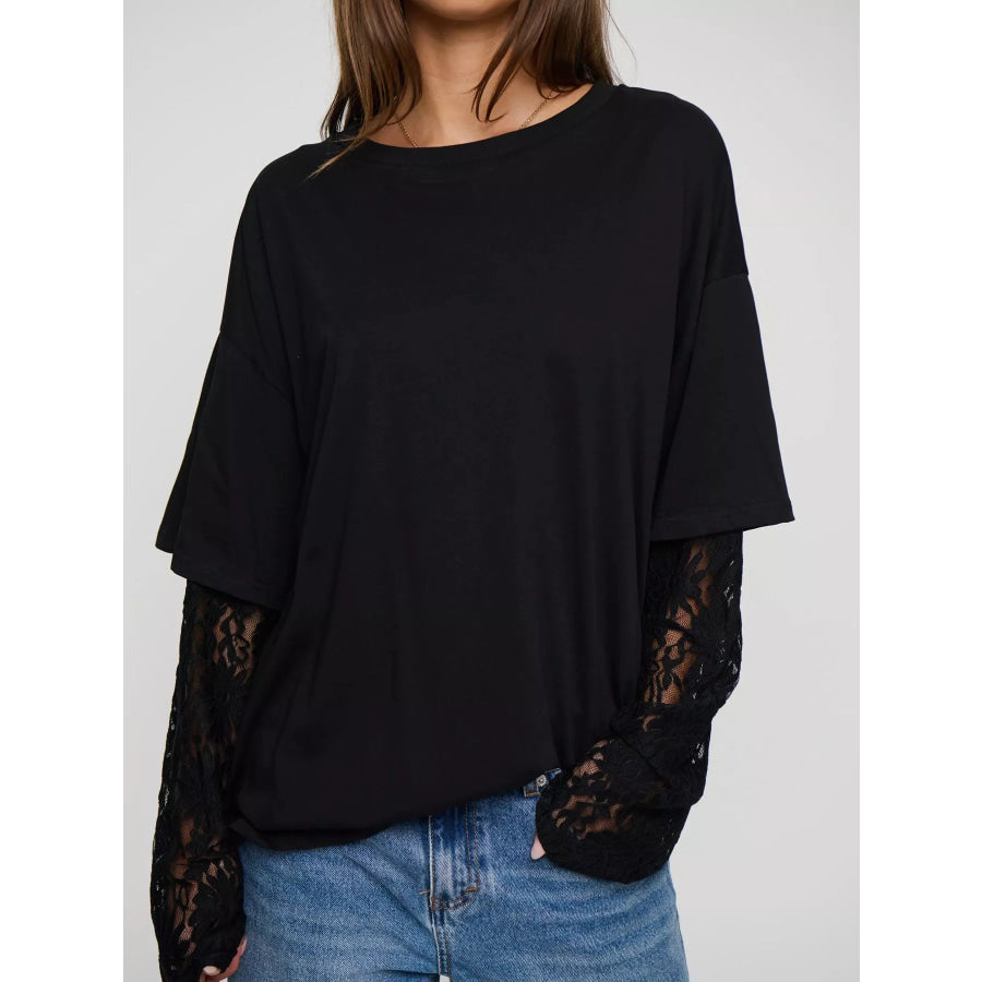Layered Lace-Sleeve T-Shirt Black / S Apparel and Accessories