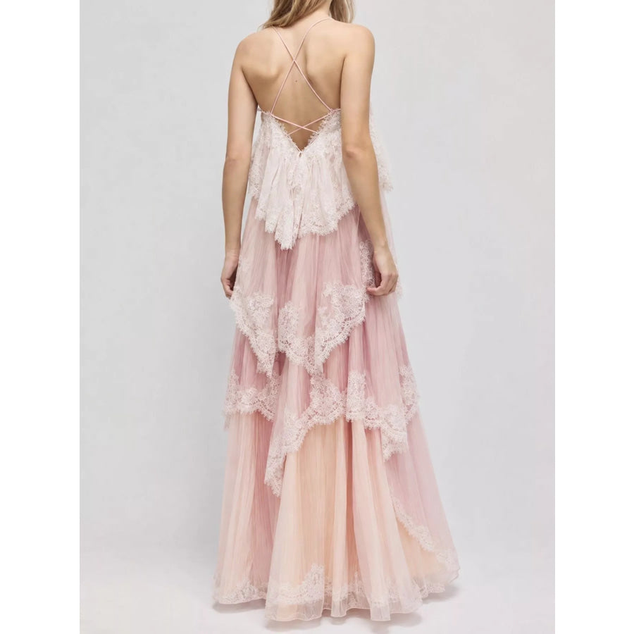 Layered Lace Tulle Maxi Dress Apparel and Accessories