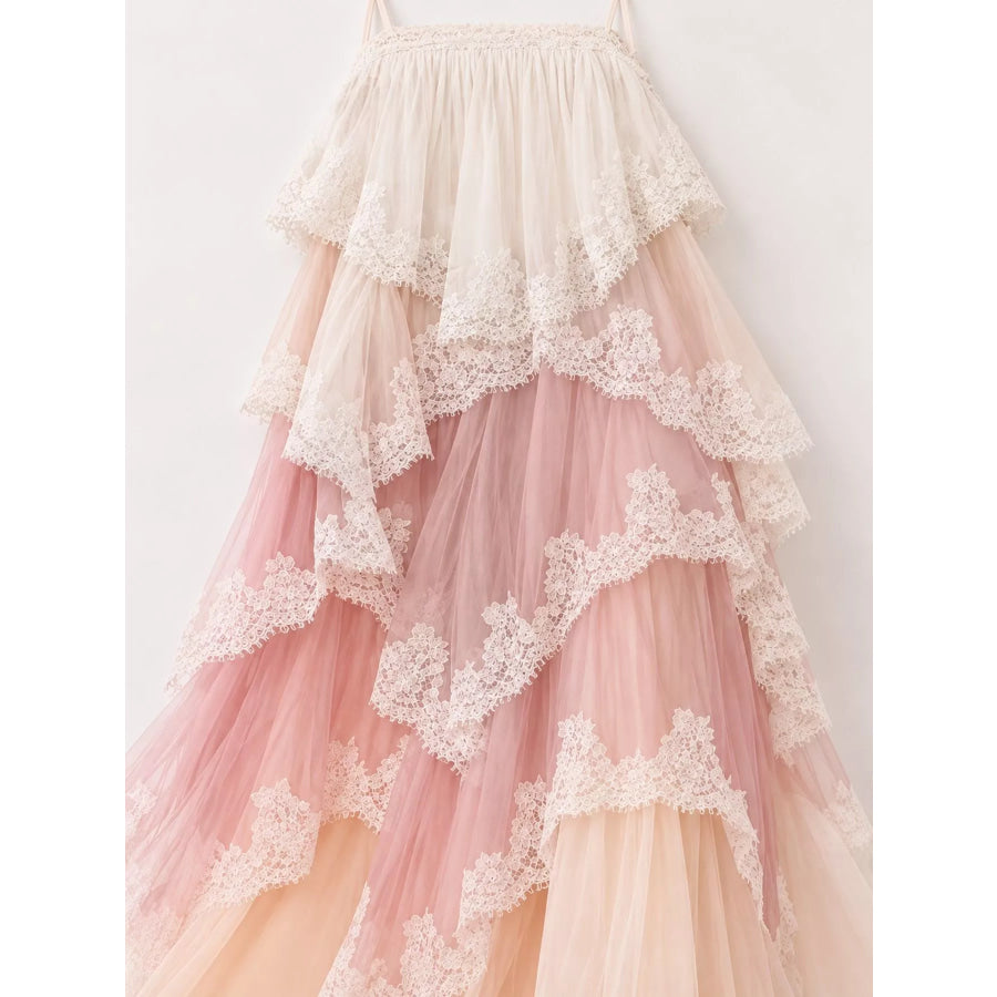 Layered Lace Tulle Maxi Dress Apparel and Accessories