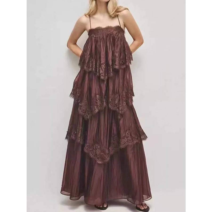 Layered Lace Tulle Maxi Dress Coffee / S Apparel and Accessories
