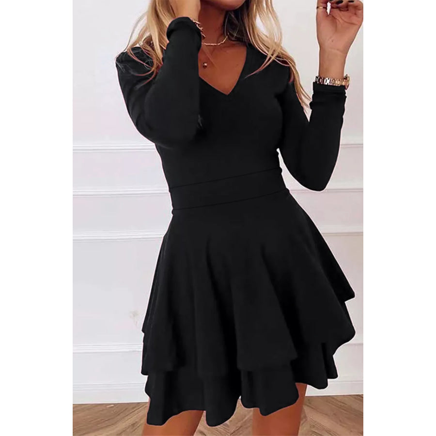 Layered Long Sleeve V-Neck Mini Dress Apparel and Accessories