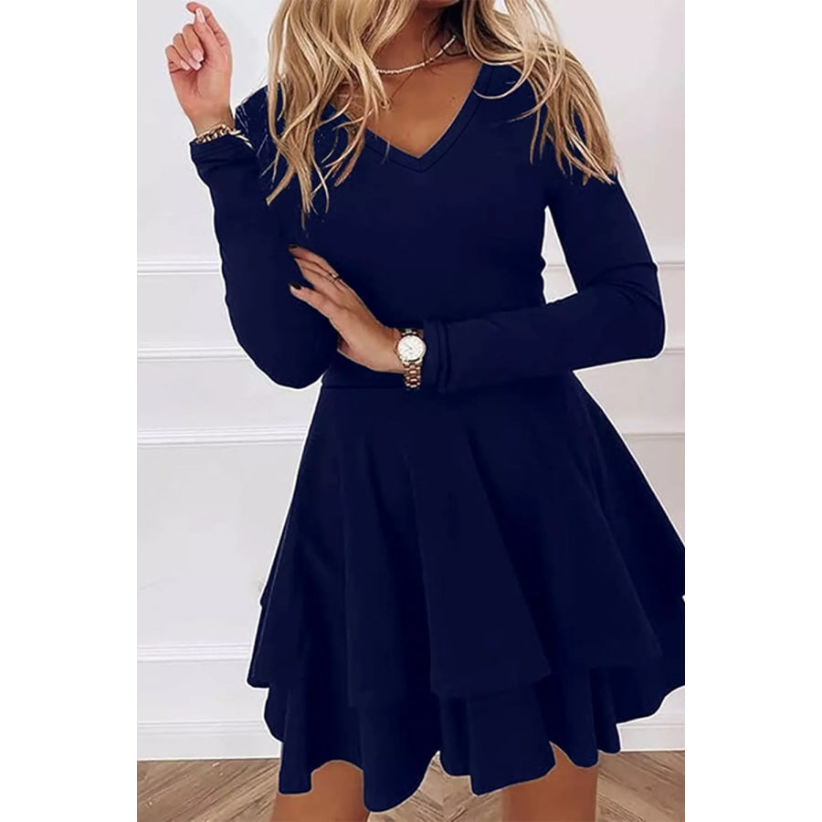 Layered Long Sleeve V-Neck Mini Dress Apparel and Accessories