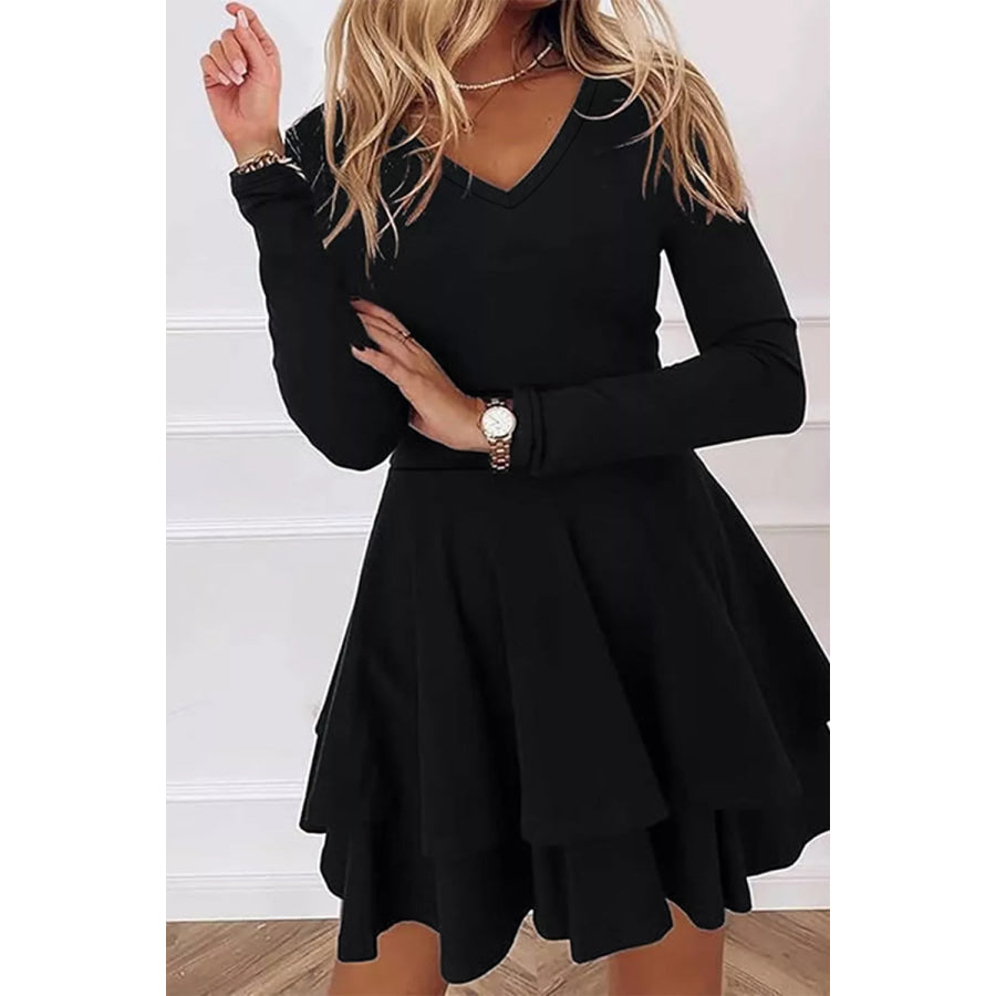 Layered Long Sleeve V-Neck Mini Dress Apparel and Accessories