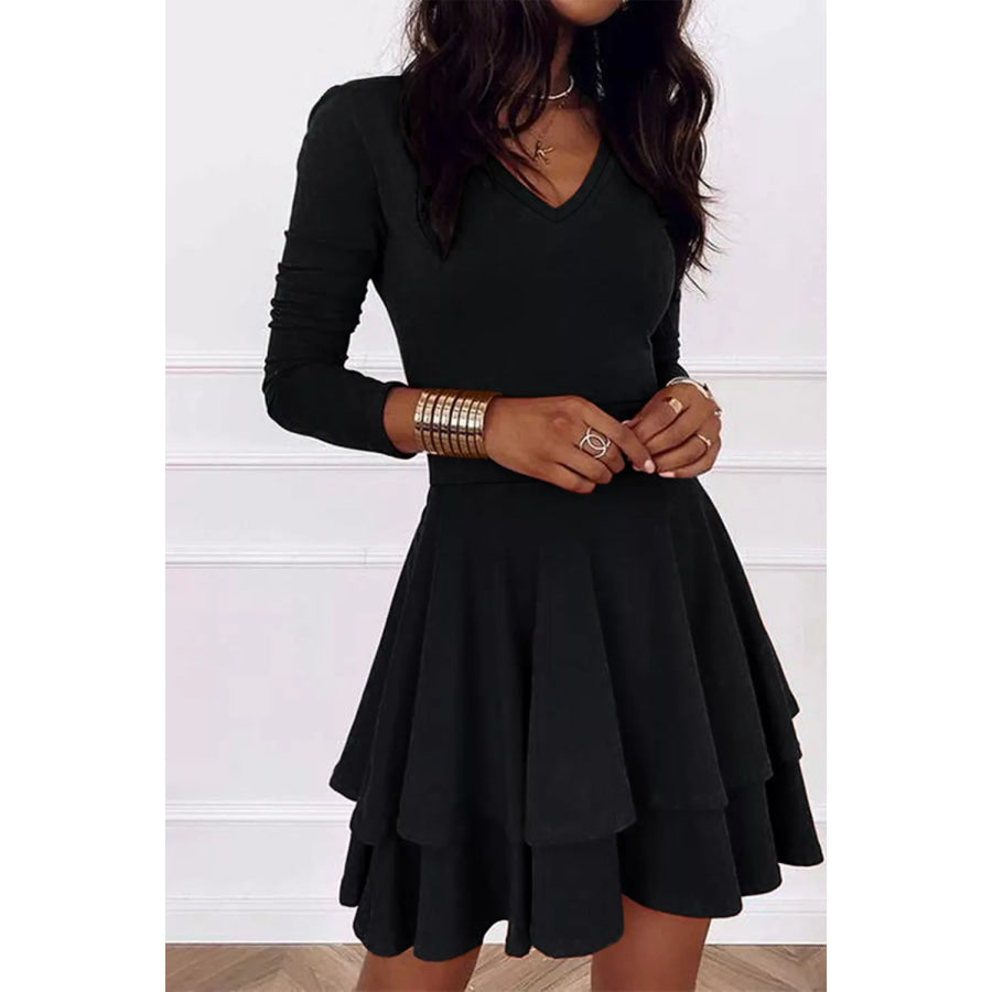 Layered Long Sleeve V-Neck Mini Dress Black / S Apparel and Accessories