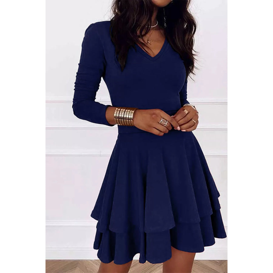 Layered Long Sleeve V-Neck Mini Dress Dark Navy / S Apparel and Accessories