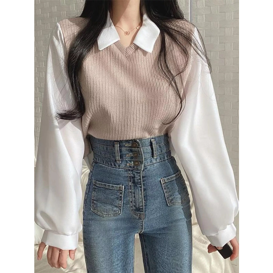 Layered Look Long Sleeve Blouse Apricot / S Apparel and Accessories