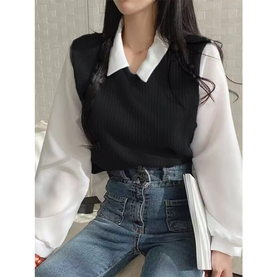 Layered Look Long Sleeve Blouse Black / S Apparel and Accessories